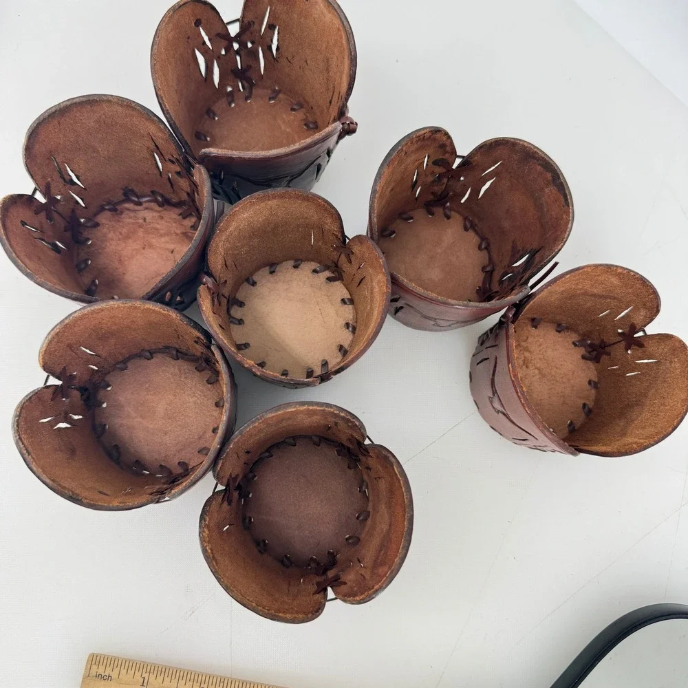 Vintage Tooled Leather Cup Holders Brown Texas Longhorn Western Barware Set 7